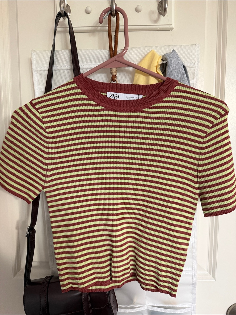 Zara Striped Ribbed Short Sleeve Tee in Red and Light Green